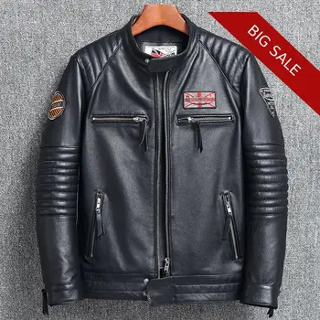 

2020 Black Men American Style Motorcycle Leather Jacket Plus Size XXXXXL Genuine Cowhide Autumn Slim Fit Biker's Leather Coat