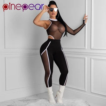 

PinePear Fitness Yoga Set One Shoulder Mesh Bodysuit + Pants Women Sport Suit Tracksuit Sexy Workout Gym Wear Running Clothes