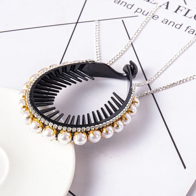 FORWOT Women Elegant Luxury Rhinestone Tassel Ponytail Hair Claws Hair Clips Barrettes Hairpin Headband Fashion Hair Accessories Pearl rhinestone
