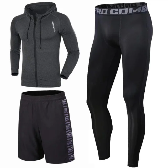 3PCS grey set 3 шт., мужские компрессионные костюмы для бега, бодибилдинга, бега, леггинсы для фитнеса, бегунов, тренажерного зала, одежда для баскетбола, футбола, шорты, рубашки - Цвет: 3PCS grey set