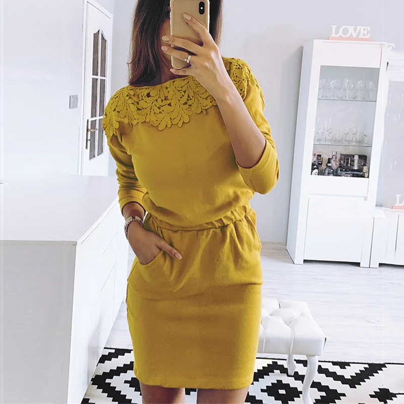 

Lace Hollow Out Patchwork Mini Dresses Women 2019 Autumn Long Sleeve O Neck Elastic Waist Sexy Pocket Slim Dress Ladies Vestidos