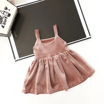 

80-130 Baby Girls Princess Strap Dresses Kids Velvet Invisible Zipper Halter Dress Autumn and Winter Children Clothings