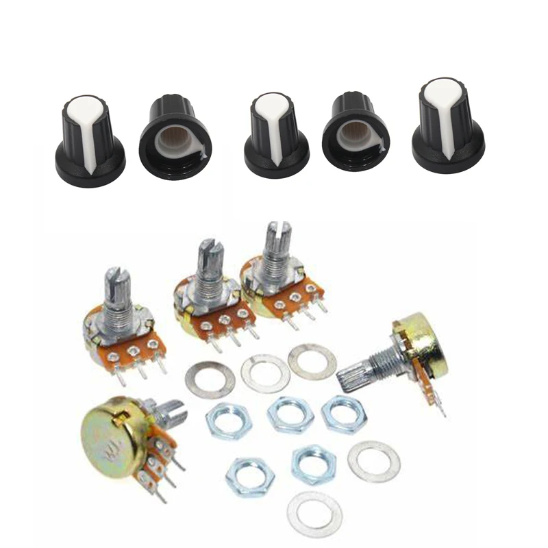 5pcs/lot WH148 potentiometer + knobs 15mm 3pin single potentiometer Light volume adjustment resistors set B1k B5K B10K B100K