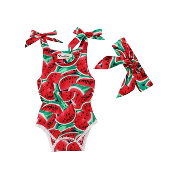 

2019 Summer Toddler Baby Girl Clothes Watermelon Print Bow Jumpsuit Romper +Headband 2PCS Outfits