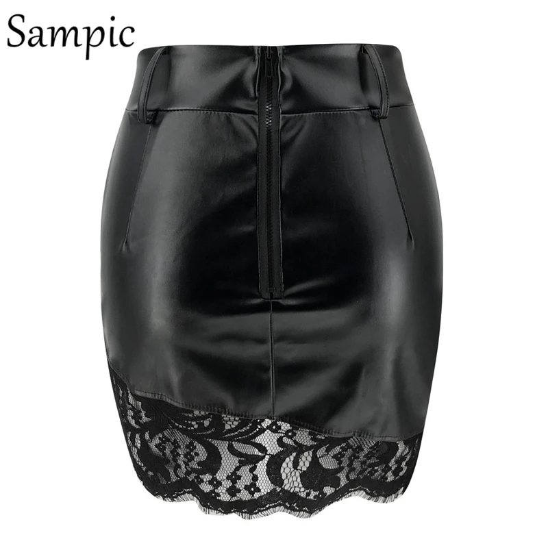 Sampic повседневная короткая трапециевидная кружевная Лоскутная юбка из искусственной кожи черная облегающая женская мини-юбка с высокой талией зимняя уличная одежда