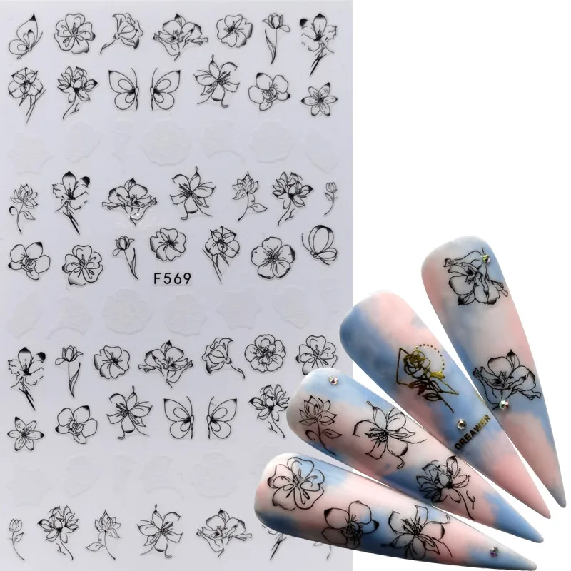 1 PC Nail Black Butterfly Flower Series 3D Adhesive Sliders Wraps Tips Charm Art Manicure Decorations | Красота и здоровье