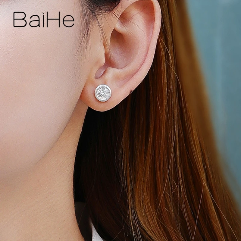 BAIHE Твердые 14 к белое золото всего 0.64ct H/SI круглые натуральные бриллианты Ювелирные изделия Обручальные модные ювелирные изделия круглые серьги-гвоздики