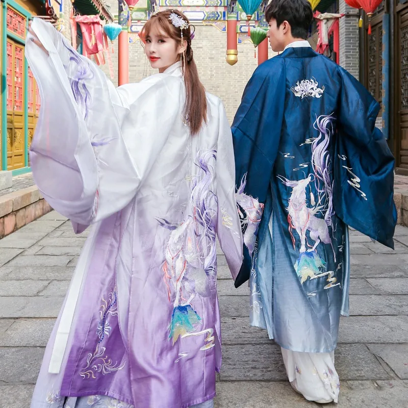 Retro White Fox Embroidery Improved Hanfu Chinese Traditional Couple Costumes Women/Men Fairy Ancient Purple/Blue DQL4330 |