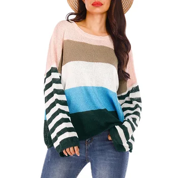 

Large Size New Round Neck Contrast Color Striped Loose Casual Sweater Autumn Winter Pullover Sweater