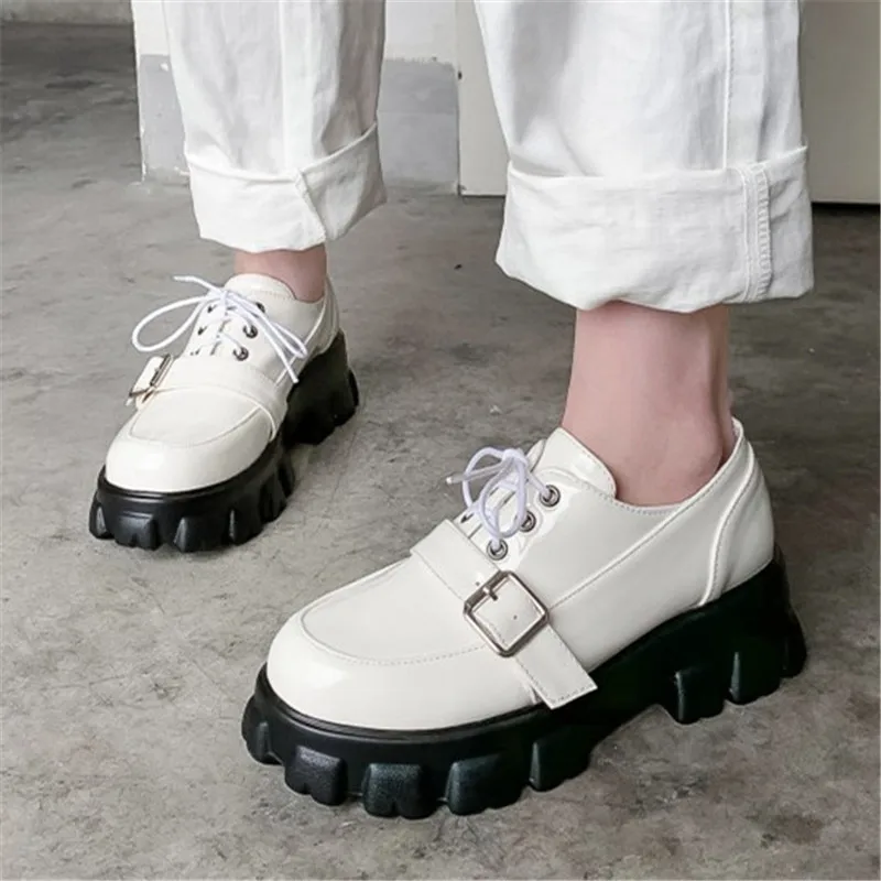 PXELENA Newest 2020 Spring Large Size 34-45 Chunky Platform Dad Shoes Women Creepers Punk Rock Gothic Lace Up Buckl Black White