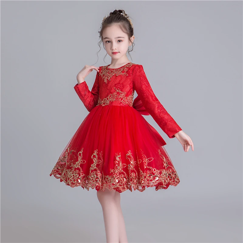 Платье принцессы для девочек осенне-зимние модели большого Красного платья детская одежда с цветочным рисунком детское платье