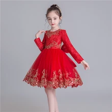 Платье принцессы для девочек осенне-зимние модели большого Красного платья детская одежда с цветочным рисунком детское платье