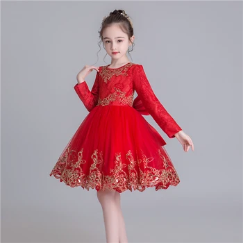 

Girls princess dress autumn and winter models big red dress flower children's wear children's dress dress