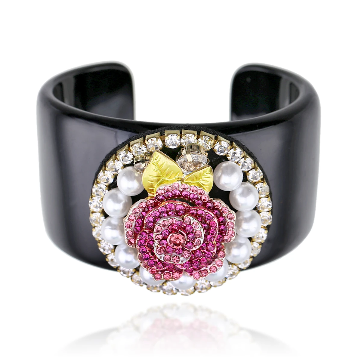 KAYMEN Black Resin Cuff Bracelet Statement Bangle and Crystal Beads Flower Luxury Handmade Bangle Fashionable Bracelet for Girls