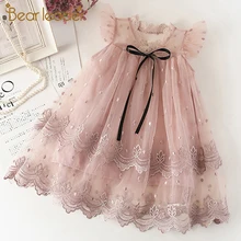 Платье для маленьких девочек Bear Leader, летнее сетчатое цельнокроеное приталенное платье розового цвета с аппликацией