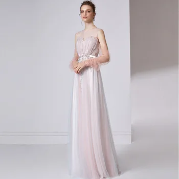 

Skyyue Zipper Evening Dresses R266 Gradient A-Line Long Robe De Soiree Appliques Crepe Formal Party Dress O-Neck Elegant Gowns