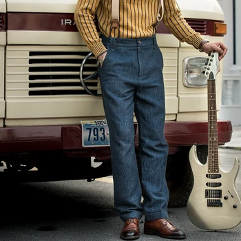 

men cargo pants American retro wide-leg casual pants Autumn and winter loose trousers Denim-like cotton and linen overalls