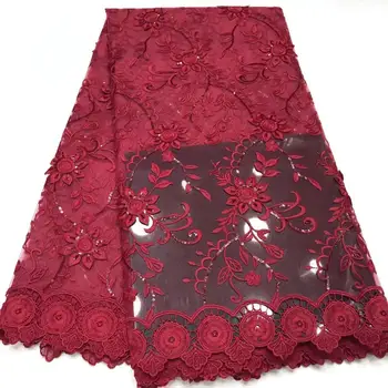 

Burgundy Seuqins Mesh Tulle Lace Fabrics Flower Applique Embroidery Cord Milk Silk Laces For Indian Noble Women Wedding Material