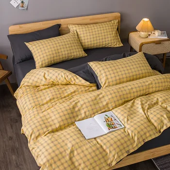 

Home textile brushed thick striped lattice four-piece simple button bedding quilt cover sheet pillowcase