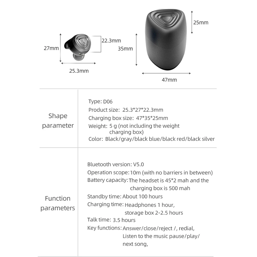 D06 водонепроницаемые наушники, беспроводные наушники, Bluetooth гарнитура, высокое качество звука для iPhone 7, Интеллектуальные Bluetooth наушники