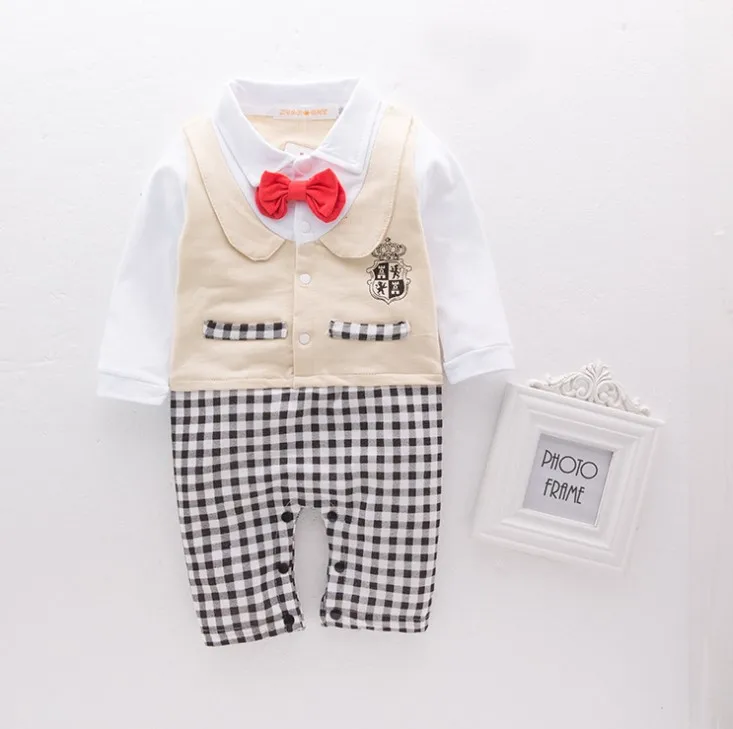

New Arrival Handsome Red Bowtie Plaid Long Sleeves False Two Pieces Baby Boy's Jumpsuits/Kid's Romper 3263