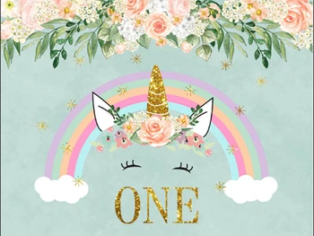 

7x5FT Pink Flowers Green Unicorn Rainbow One Year Baby Shower Custom Photo Studio Background Backdrop Vinyl 220cm x 150cm