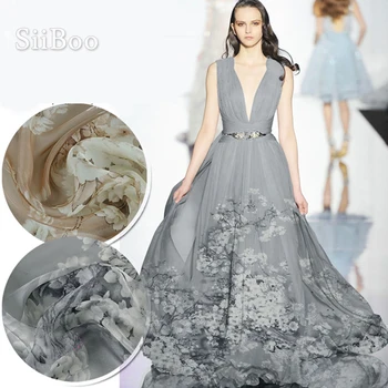 

Grey camel flroal print 100% natural silk chiffon fabric for beach dress pure silk tissu telas tecidos stoffen fabrc 6mm SP5191