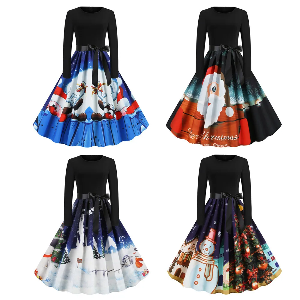 

Christmas Dresses New Year Dress Casual Long Sleeve O Neck Knee-Length Bowknot Vintage Big Swing Print Party Dress Xmas Gift