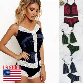 

Women Sexy Satin Lace Sleepwear Babydoll Lingerie Nightdress Loungewear Pajamas Set Free Shipping