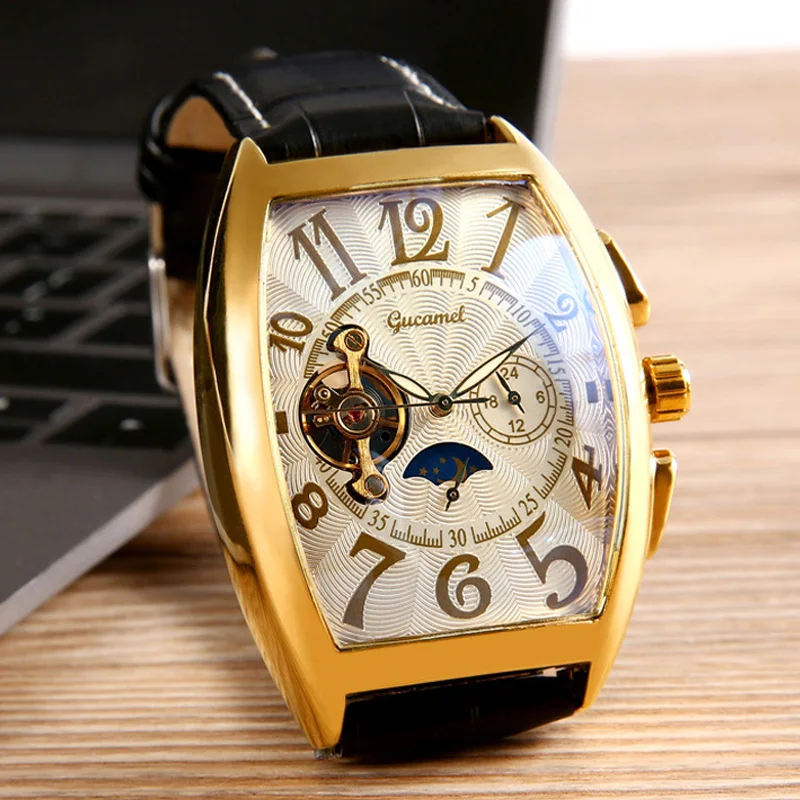 

Hot Selling Men's Watch Square Watch Hollow Automatic Mechanical Watches Leather Strap Tourbillon Hand Male Wristwatch Gift