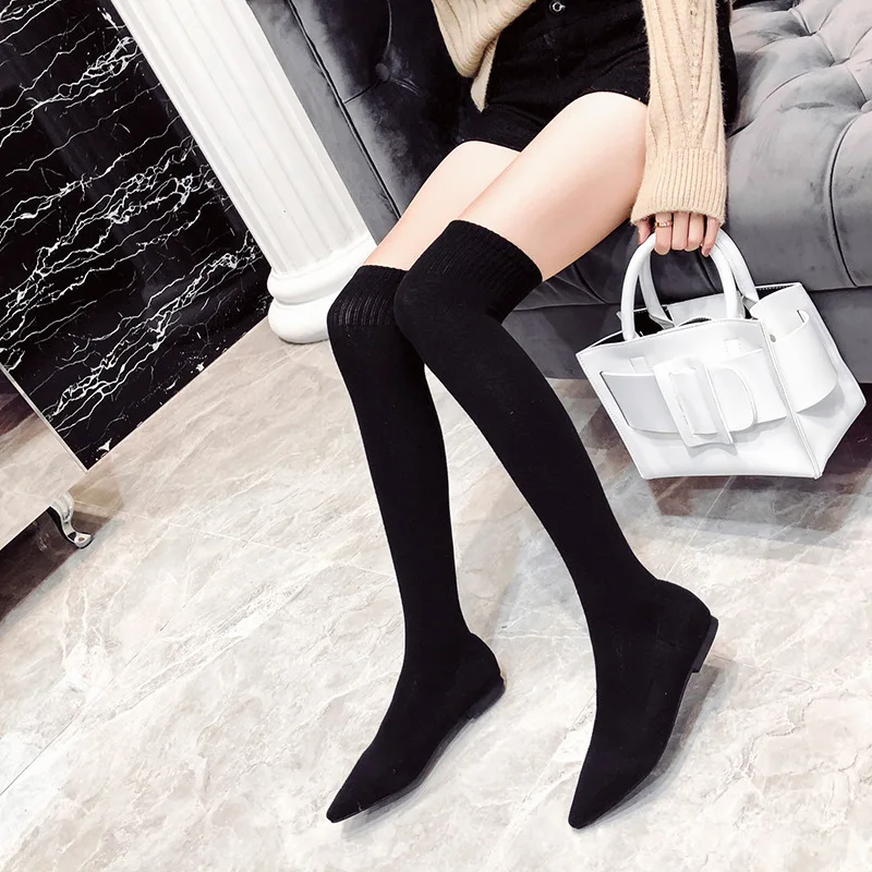 

2018 Autumn And Winter New Style Women's Boots Flat over-the-Knee Boots Elasticity Versatile Thigh Boot Boots WOMEN'S Socks Boot