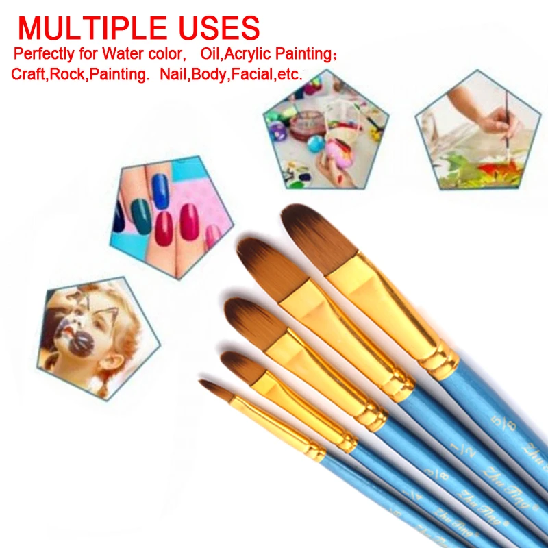 5pcs Nylon Artist Paint Brush Professional Watercolor Acrylic Wooden Handle Painting Brushes Art Supplies Stationery