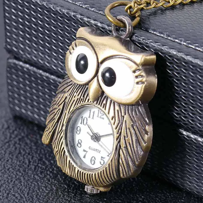 Creative Cute Mini Owl Pocket Watch Womens Mens Watch Vintage Bronze Pendant Watch Clock with Necklace Chain Gift for Men Women
