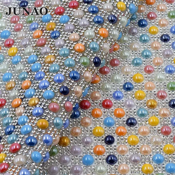 8mm Mix Color JUNAO прозрачный белый жемчуг сетчатая ткань со стразами стеклянная отделка Кристалл лента аппликация из страз для платье сумка ремесла - Цвет: 8mm Mix Color