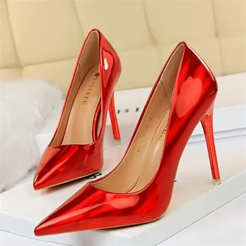 

Top Brand Matte Leather High Heel Shoes Nude Brown Wine Red Shallow Pumps Celebrity Popular 10.5cm metal heel super Heels Shoes