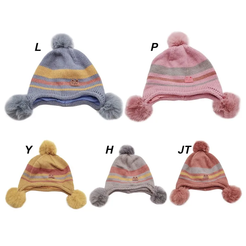 Winter Hat Newborn Cute Warm Kids Girls Boys Baby Stripe Plush Ball Design Hats Knitted Wool Hemming Caps 1-3T