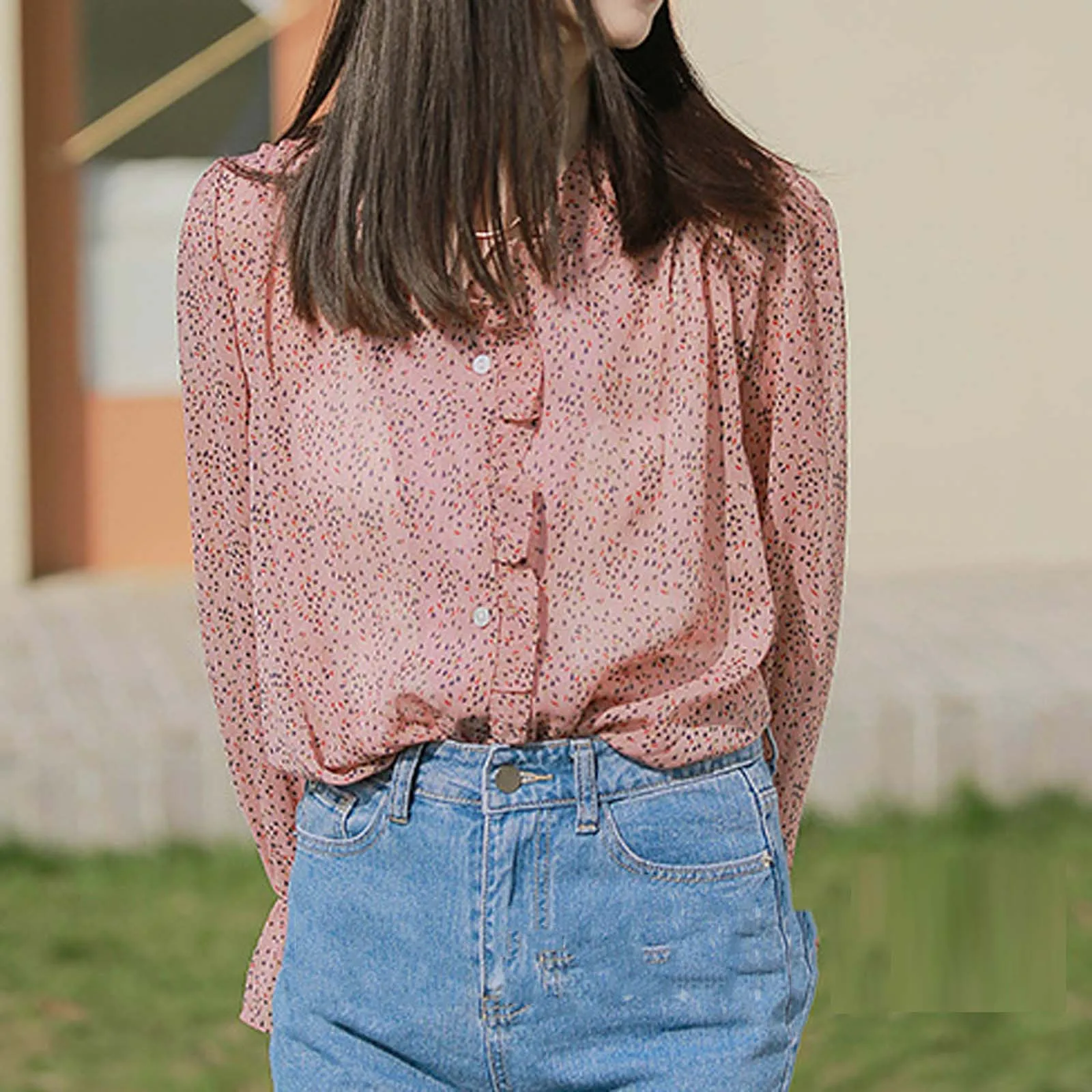 2021 Blouses Spring New Shirts Fashion Women’s Button O-neck Long Sleeve Petal Sleeve Printed Tops Shirts Женское Платье 2