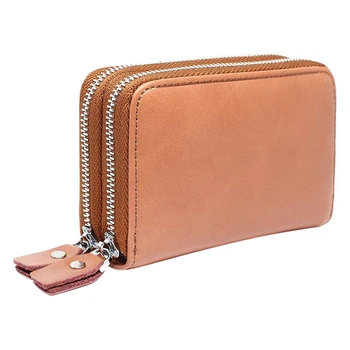 

NEW-Leather Organ Card Multi-Card Bit Packet Double Zipper Cowhide Purse