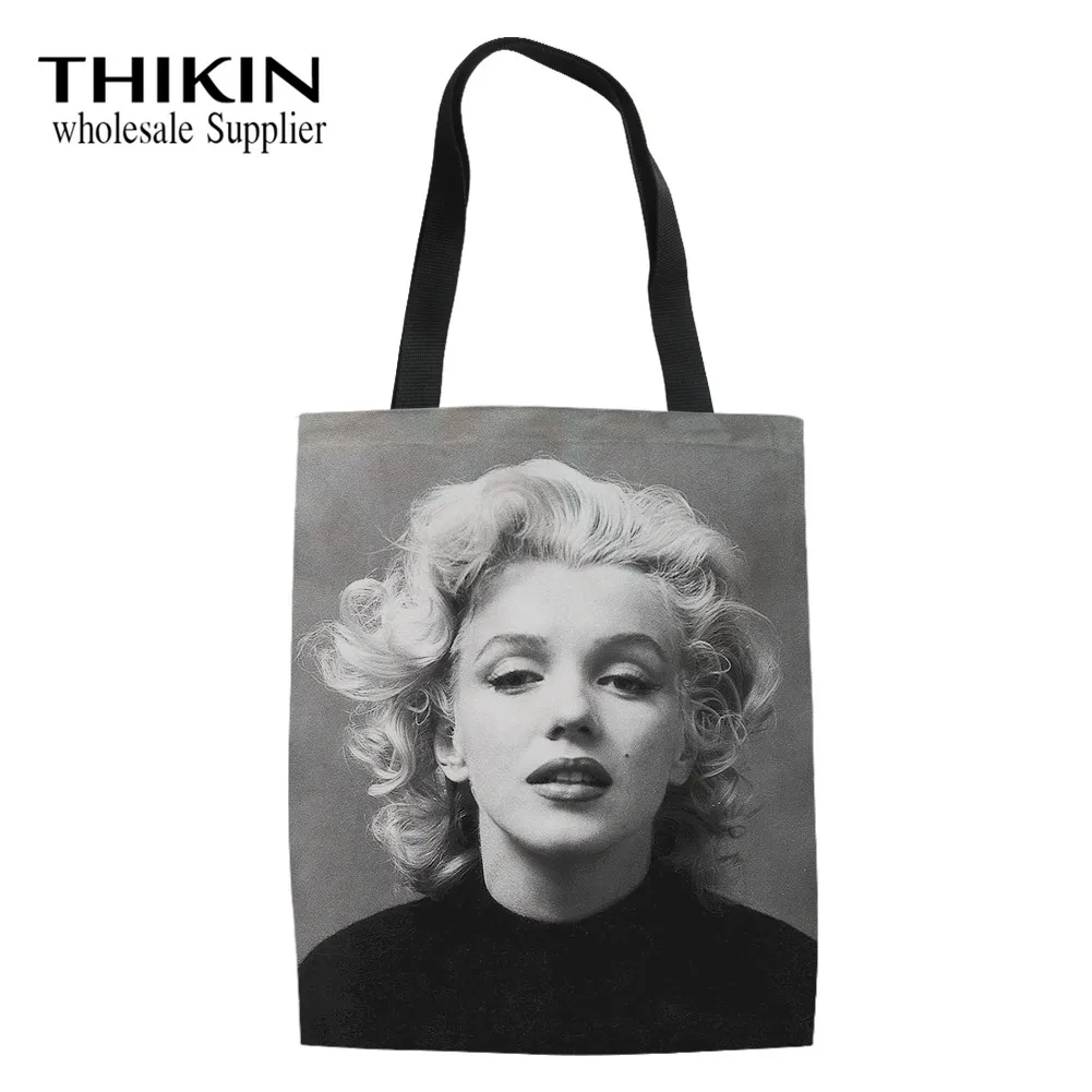 as picture THIKIN 3D Marilyn Monroe Printing Women's Reusable Foldable Shoulder Bag Female Cotton Beach Bag Girls Fashion School Book Bag - Цвет: as picture
