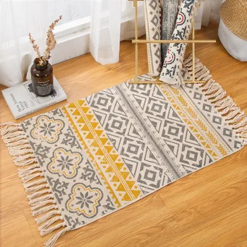 

Non-slip Retro Bohemian Hand Woven Tassel Carpet Cotton Linen Bedside Rug Washable Geometric Floor Mat For Living Room Bedroom