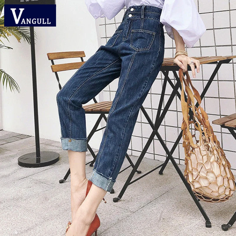 Dark Blue Vangull женские джинсы прямого кроя, высокая талия, молния, длина по щиколотку, джинсовые брюки, новые осенние зимние женские джинсы с карманами - Color: Dark Blue