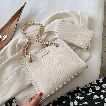 

2 Pcs/set Crossbody Bags For Women 2020 Solid Color Stone Pattern PU Leather Chain Shoulder Bag Female Handbags Large Tote Bags