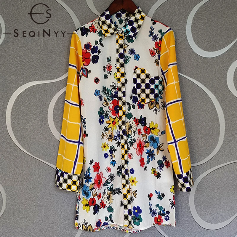 

SEQINYY Summer Spring Blouse New Fashion Design Women Runway High Quality Colorful Flowers Vintage Print Sweet Casual