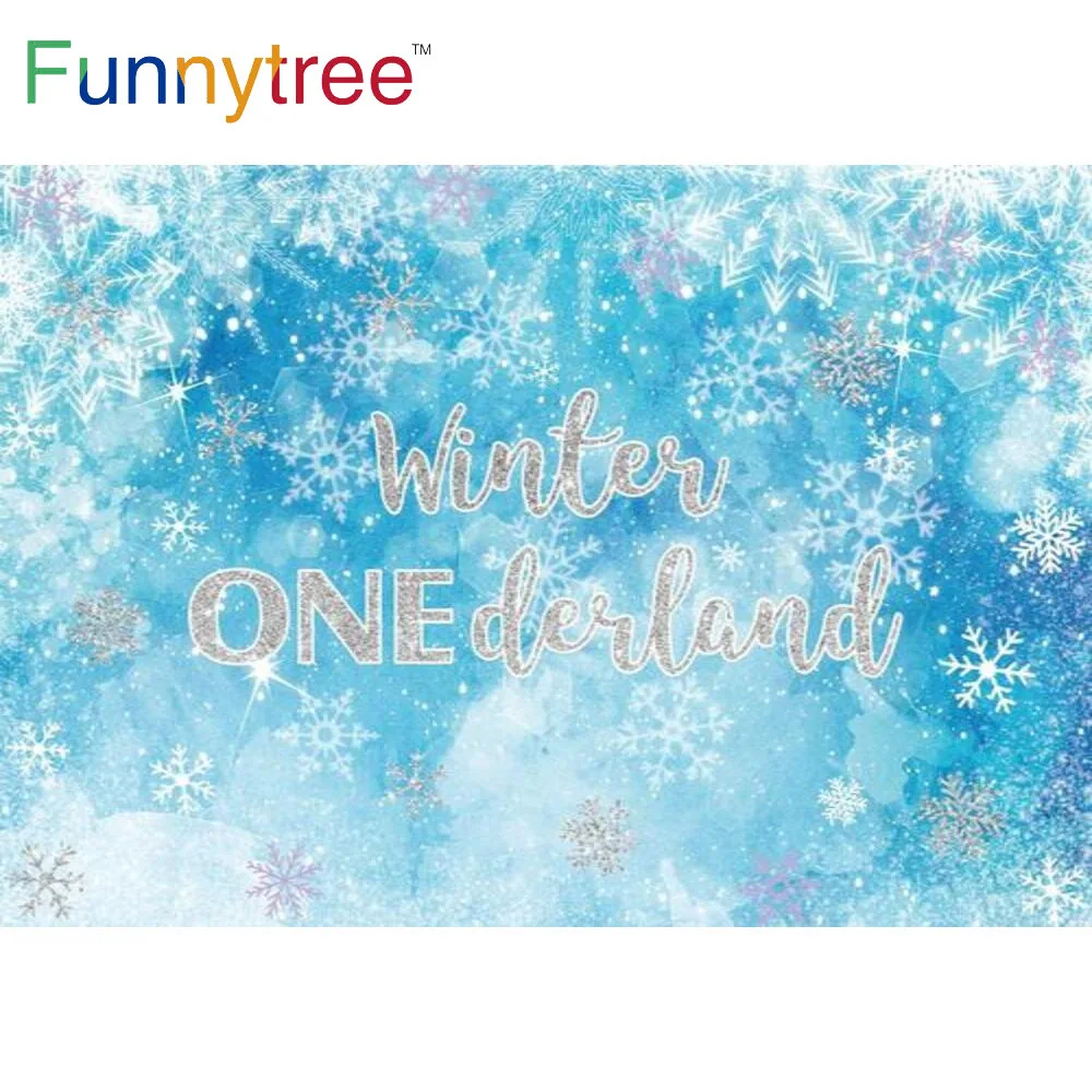 

Funnytree Winter Onederland 1st Birthday Party Backdrop Frozen Baby Shower Blue Christmas Ice Snowflake Photography Background