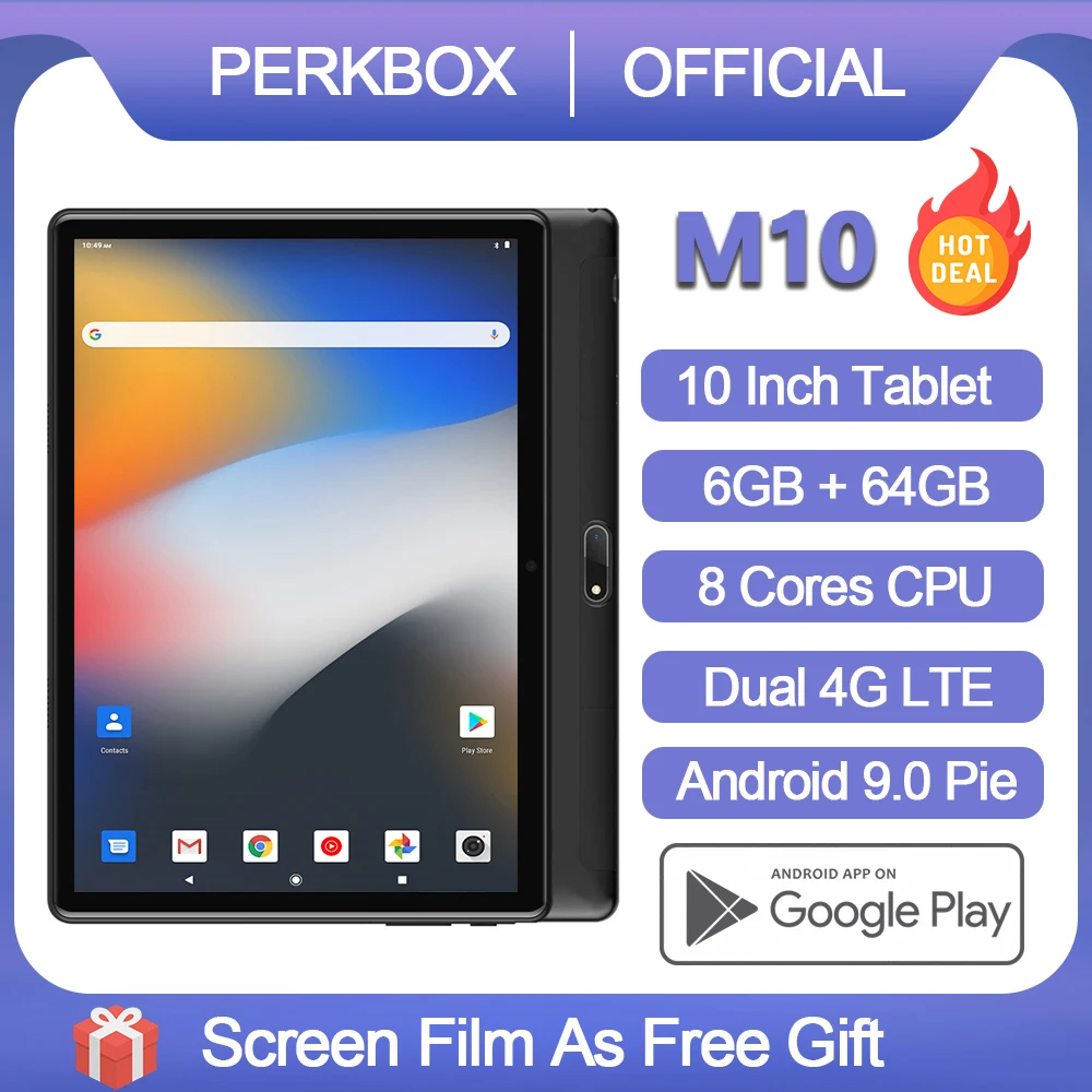Mejores Ofertas PERKBOX-Tableta M10, procesador Octa Core, 6GB RAM, 64GB de almacenamiento, so Android 9,0, tableta de 10 pulgadas, IPS de 1280x800, Wi-Fi, USB tipo C qzKRe8kQV