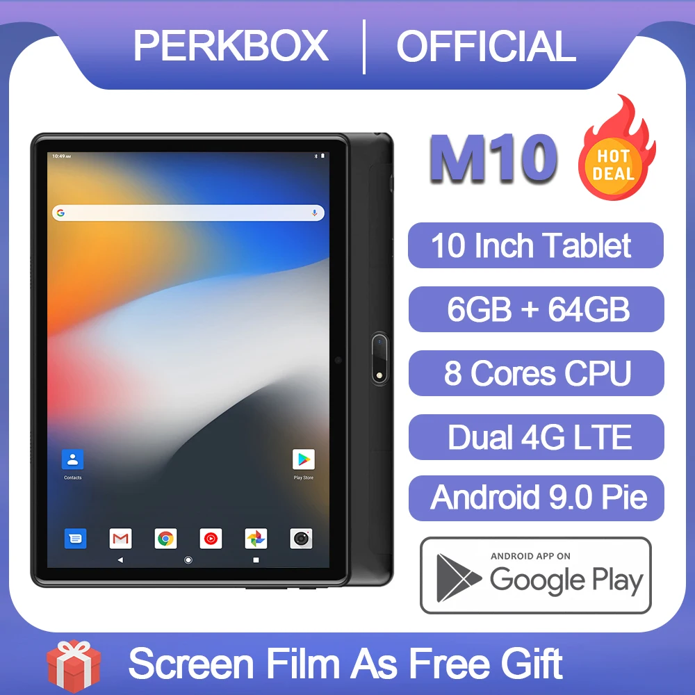PERKBOX-Tableta M10, procesador Octa Core, 6GB RAM, 64GB de almacenamiento, so Android 9,0, tableta de 10 pulgadas, IPS de 1280x800, Wi-Fi, USB tipo C