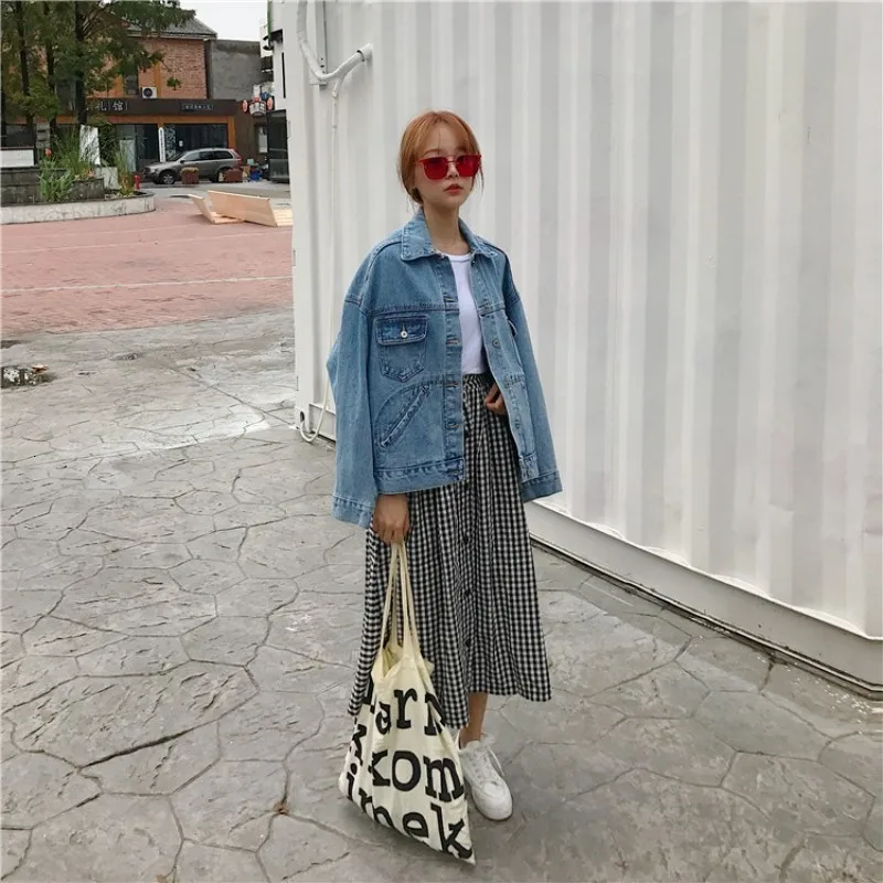Женские однобортные джинсовые куртки с длинными рукавами и лацканами в Корейском стиле для мальчиков и девочек; свободные уличные куртки с карманами; женская верхняя одежда; пальто