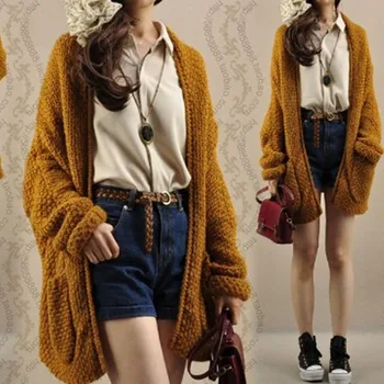 

Autumn and winter new sweater female retro style cardigan bat sleeve medium and long sweater loose thickened coat tide