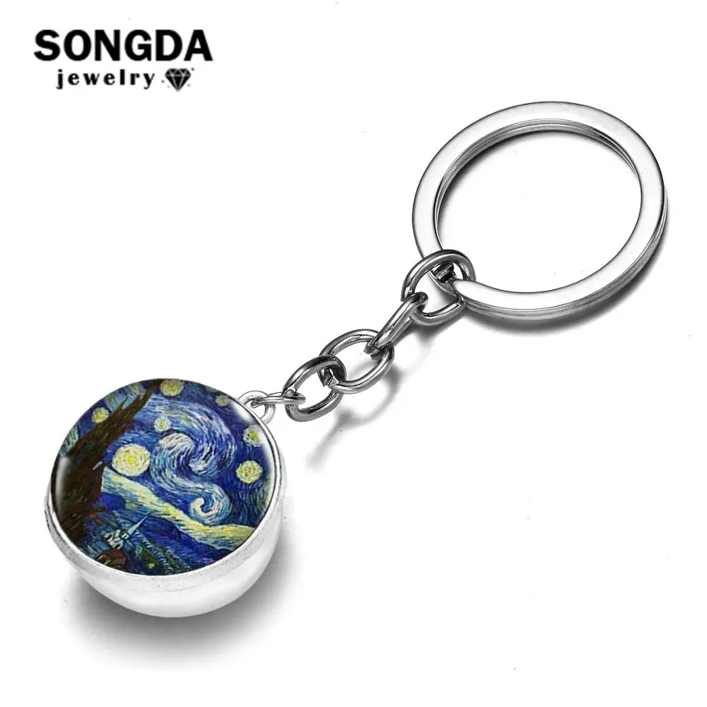 SONGDA The Starry Night Keychain Retro Van Gogh Art Painting Double Side Glass Ball Pendant Key Ring Hanging Bag Charm for Women | Украшения