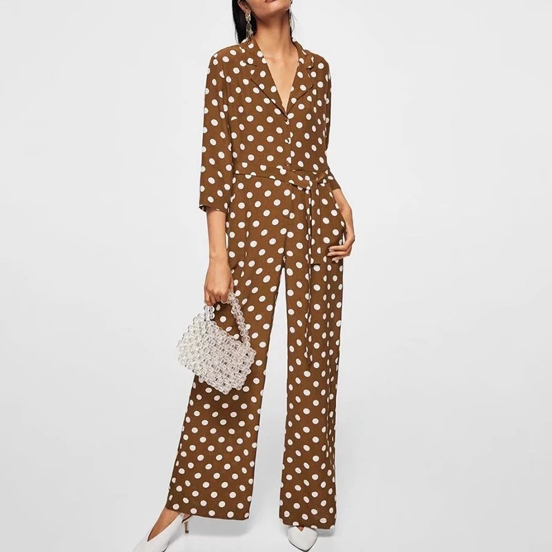 

Pockets Half Sleeve Rompers Elegant Cute Polka Women Jumpsuits Dots Notched Collar Fashion Playsuits Vintage Female Casual Pants